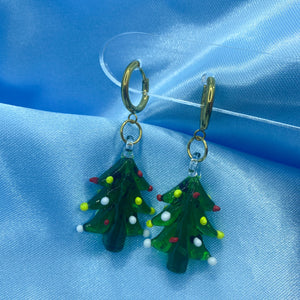 Christmas Tree Glass Hoop Earrings