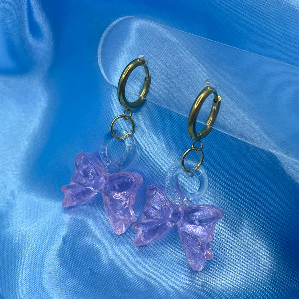 Glass Bow Hoop Earrings - Pink