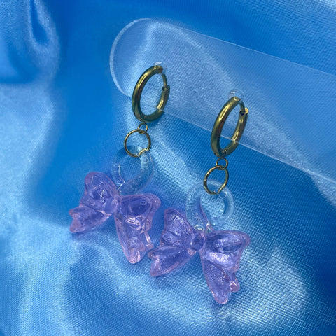 Glass Bow Hoop Earrings - Pink