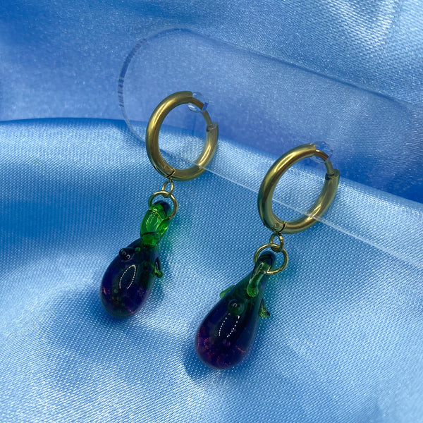 Glass Eggplant Hoop Earrings