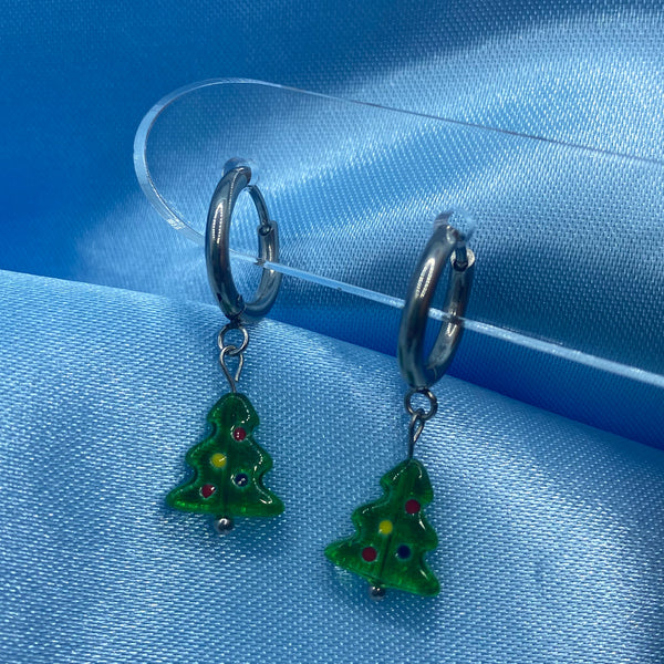 Christmas Tree Mini Glass Hoop Earrings