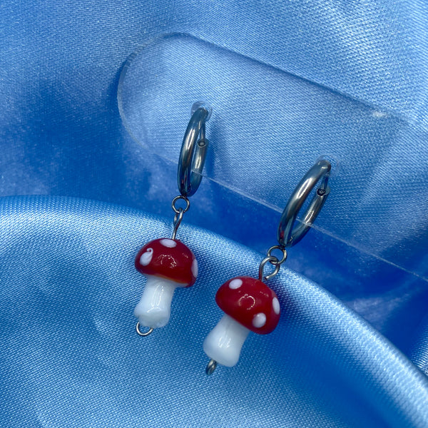 Glass Mushroom Hoop Earrings