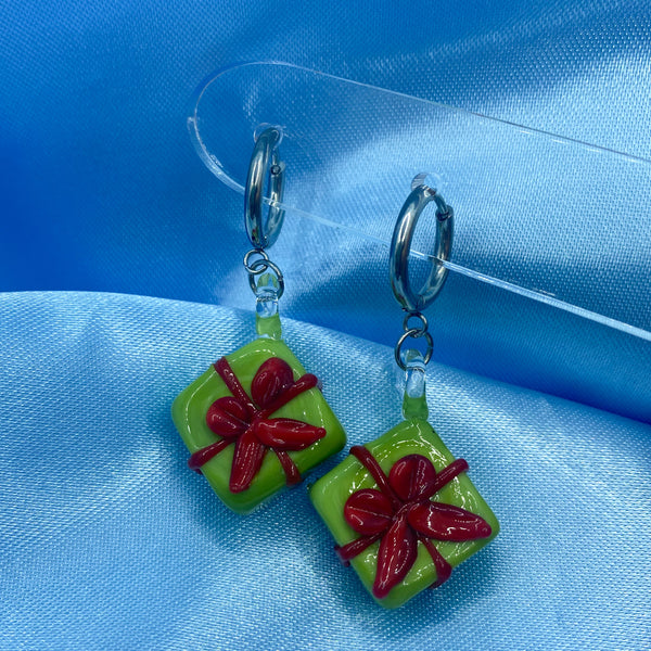 Christmas Present Glass Hoop Earrings