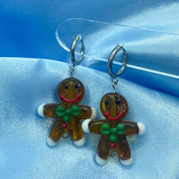 Christmas Gingerbread Man Glass Hoop Earrings