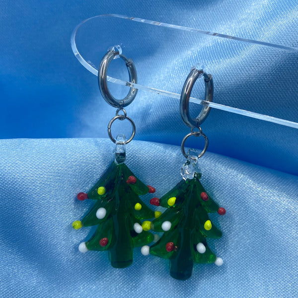 Christmas Tree Glass Hoop Earrings