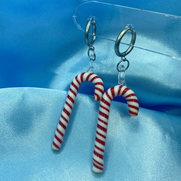 Christmas Candy Cane Glass Hoop Earrings