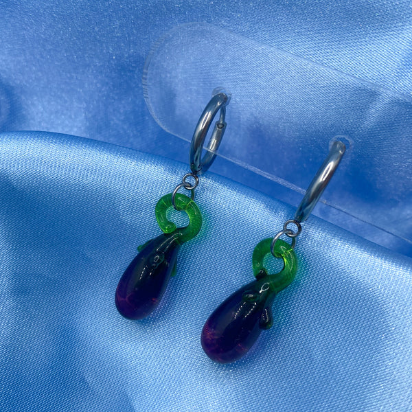 Glass Eggplant Hoop Earrings