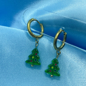 Christmas Tree Mini Glass Hoop Earrings