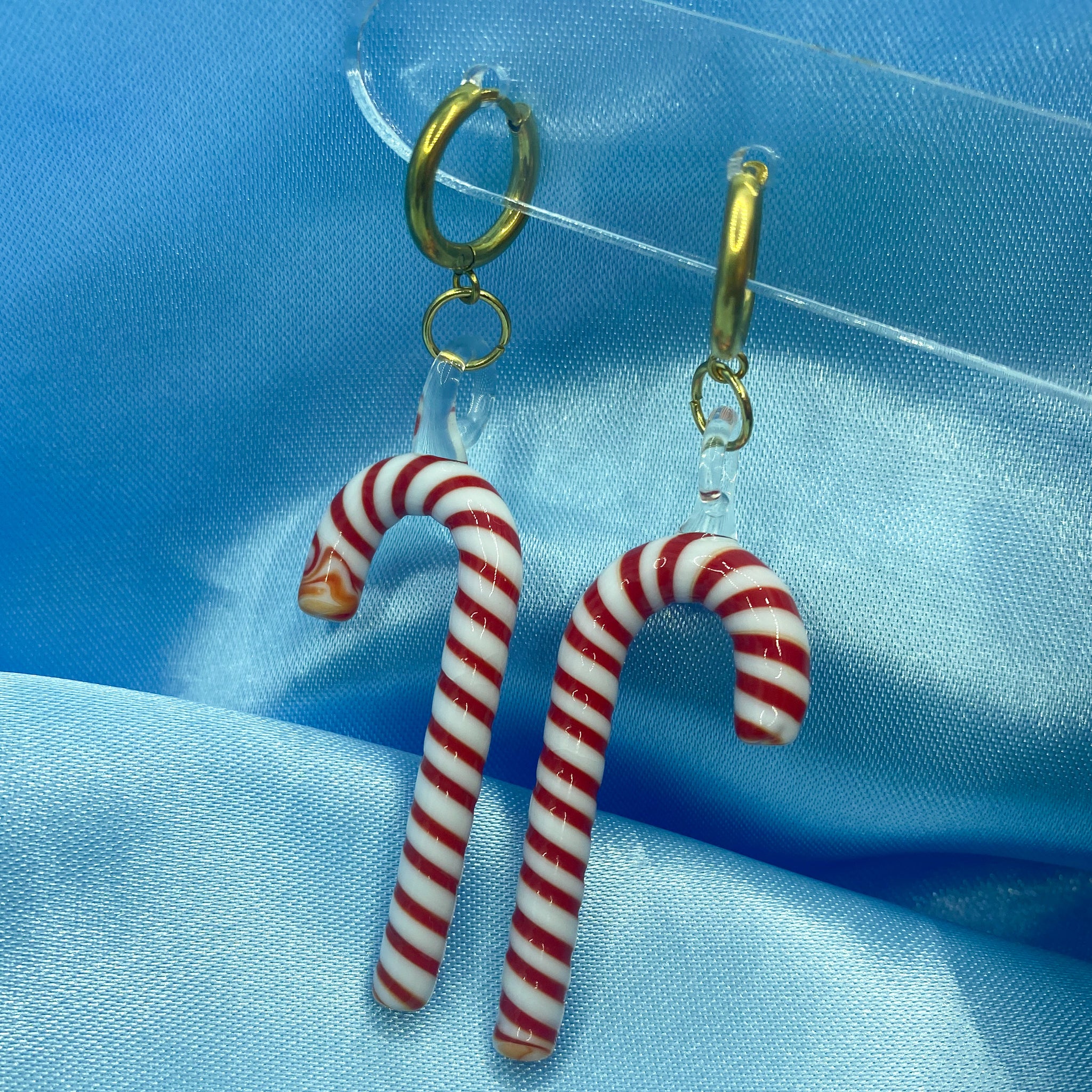 Christmas Candy Cane Glass Hoop Earrings