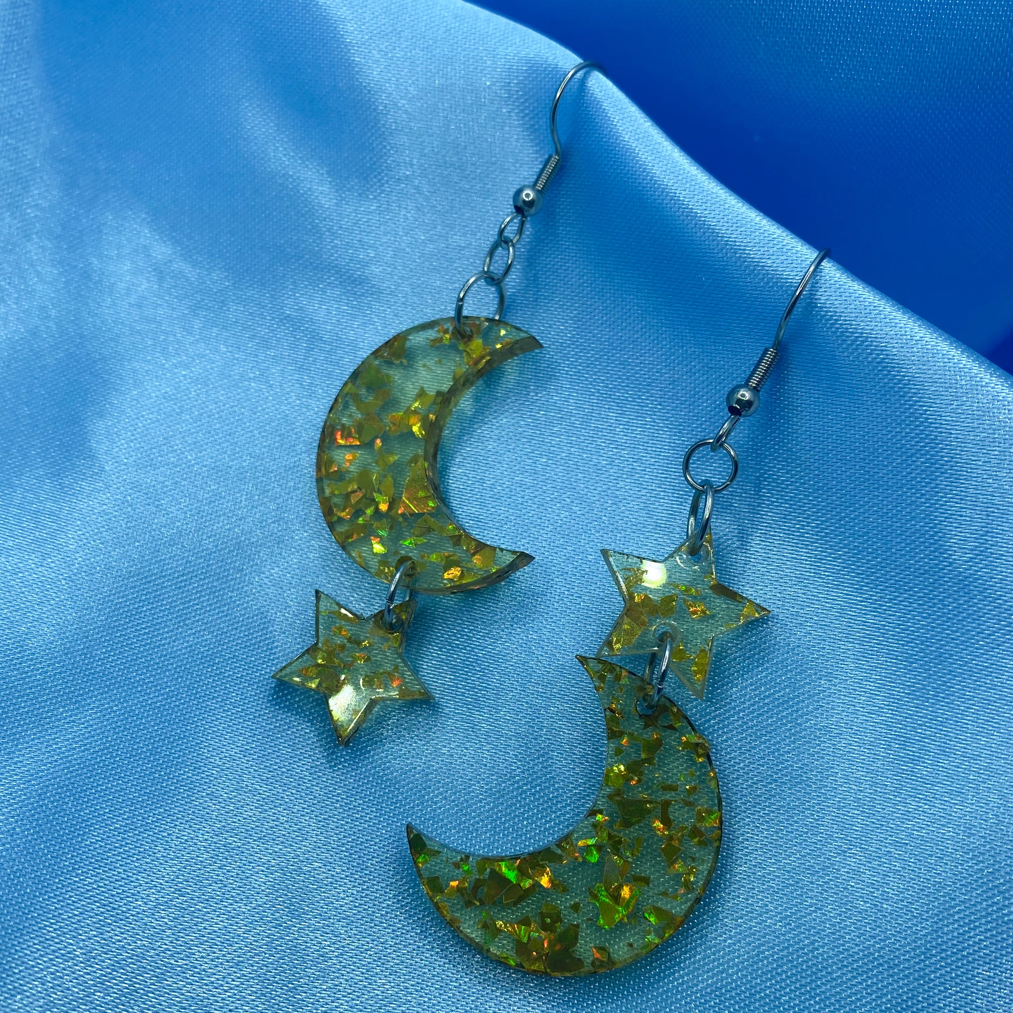 Christmas Glitter Moon and Star Earrings